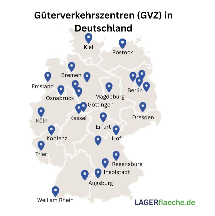 Karte der wichtigsten Güterverkehrszentren (GVZ) in Deutschland.